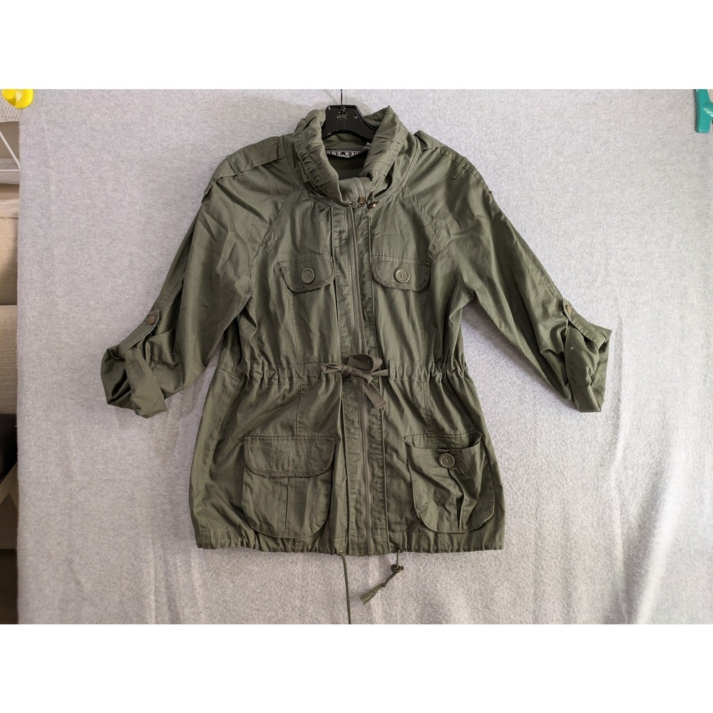 Last Kiss‎ Military Utility Jacket Womens S Roll Tab Full Zip Neck Green Vintage